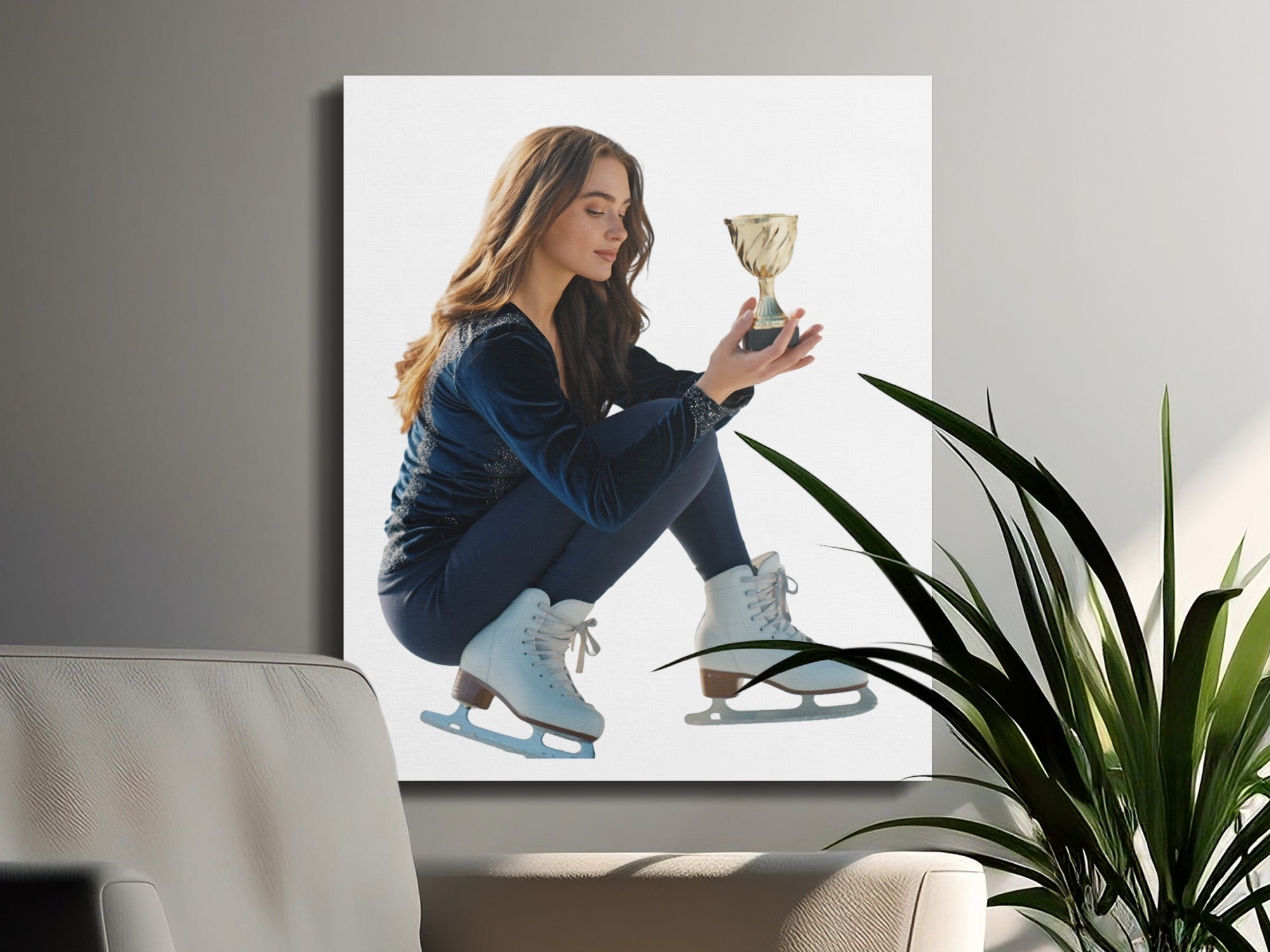 Young woman in ice skates holding a trophy, crouching on a white surface.