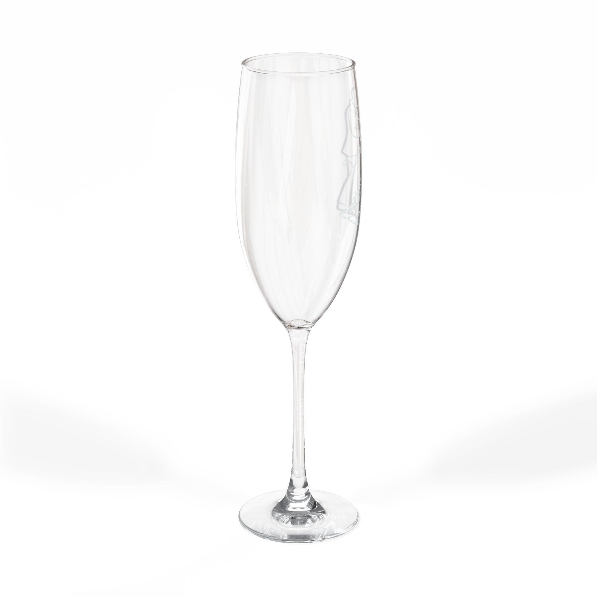 Clear champagne flute with a long stem.