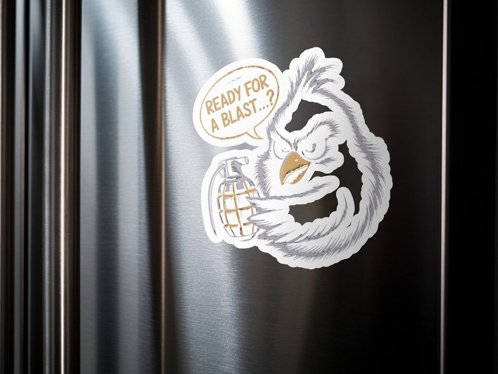 Eagle with grenade sticker, "Ready for a blast..?" speech bubble.