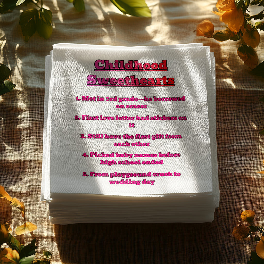 Stack of white napkins with "Childhood Sweethearts" and five numbered relationship milestones.