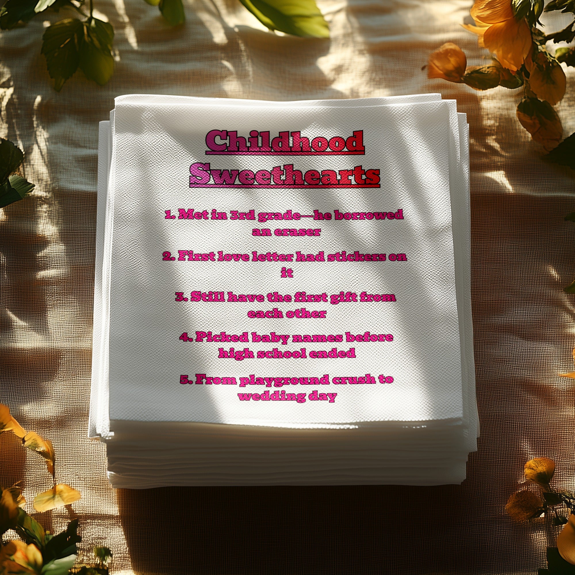 Stack of white napkins with "Childhood Sweethearts" and five numbered relationship milestones.
