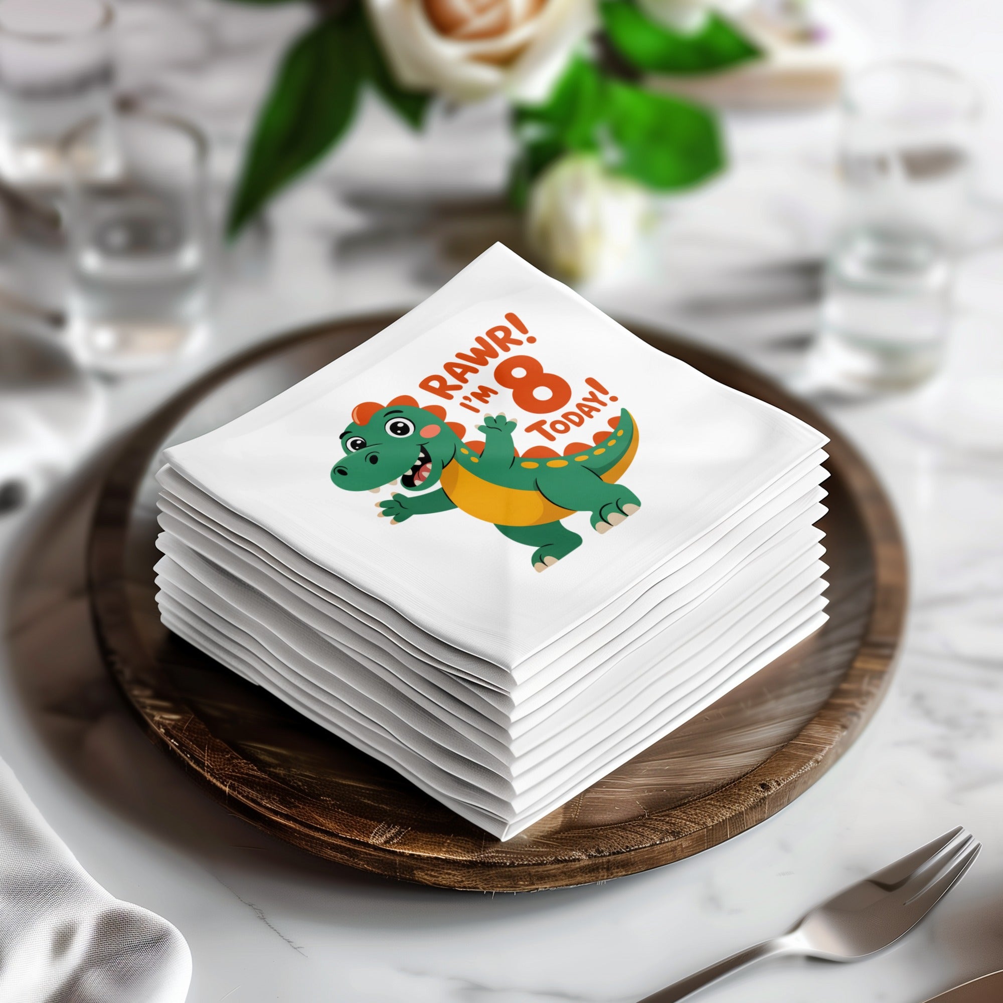 Stack of napkins with cartoon dinosaur and "Rawr! I'm 8 today!" text.