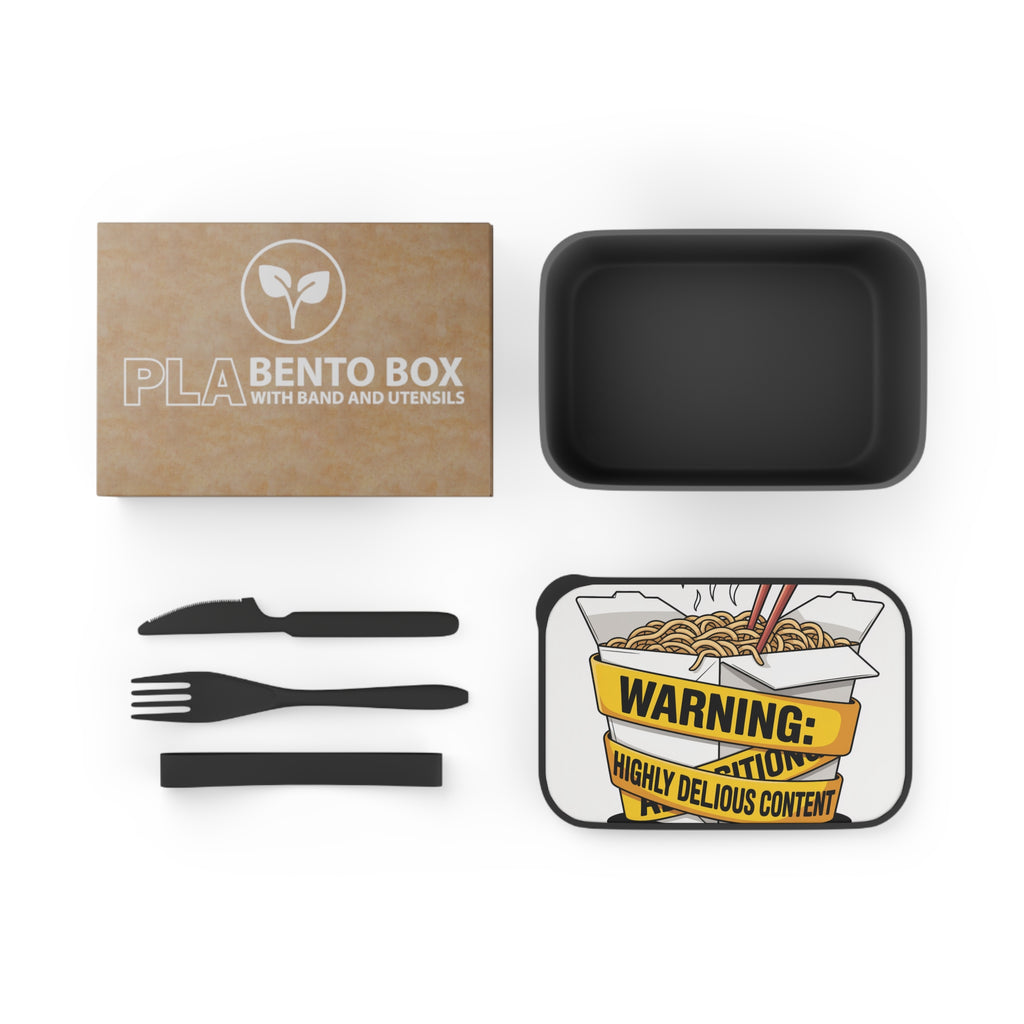 PLA Bento Box with band and utensils, black container, and noodles.