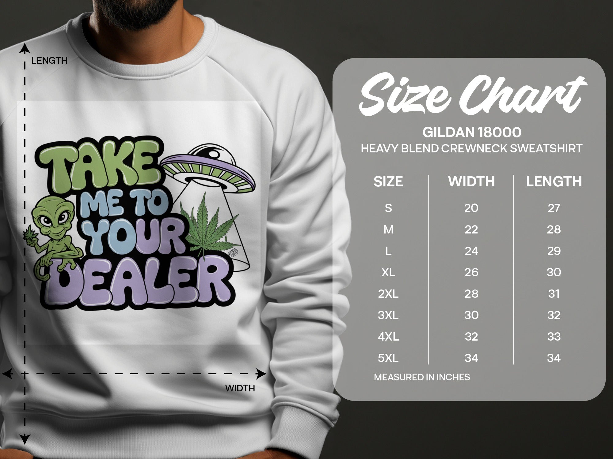 Gildan 18000 size chart for crewneck sweatshirt with alien graphic.