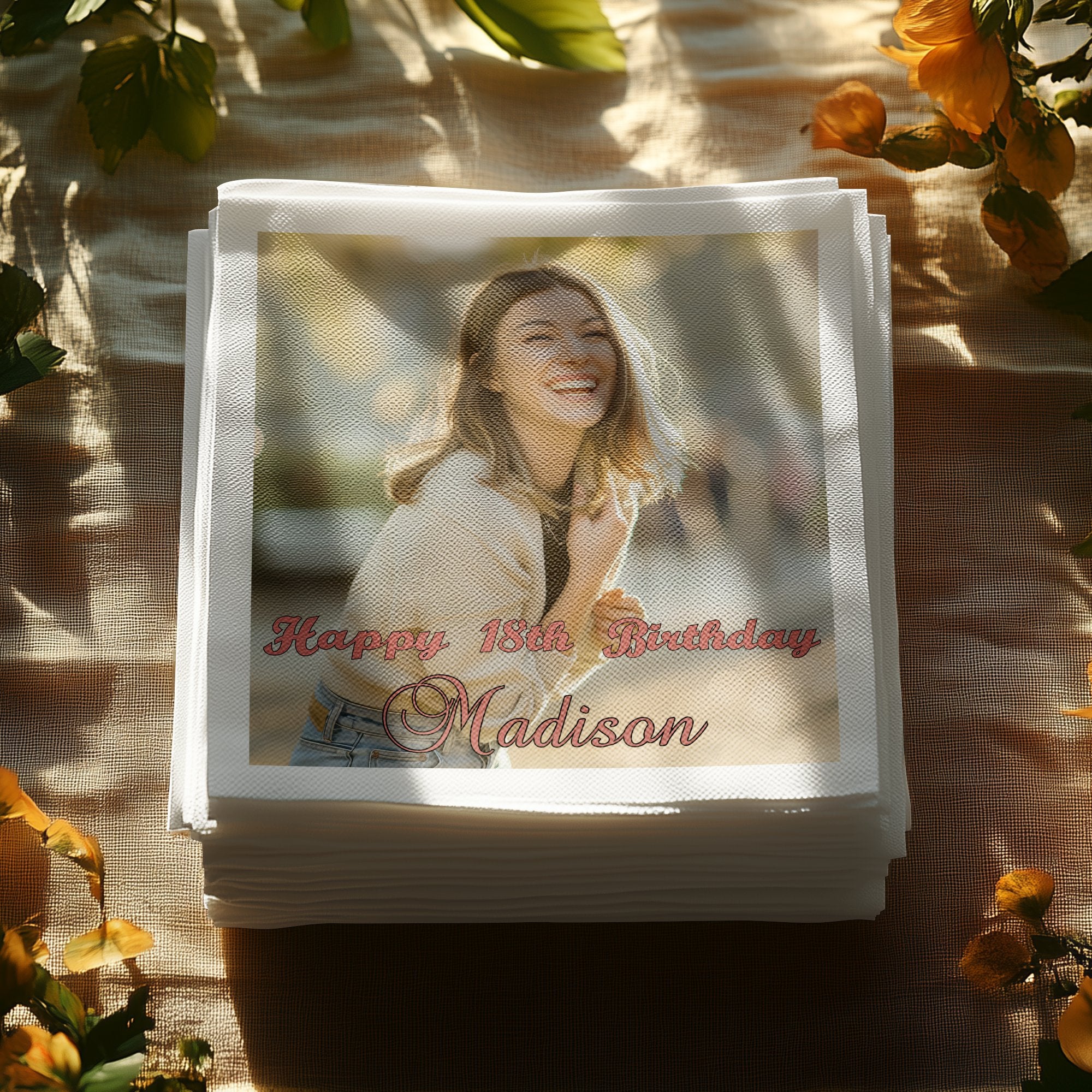 Napkins with "Happy 18th Birthday Madison" text, featuring a smiling young woman.