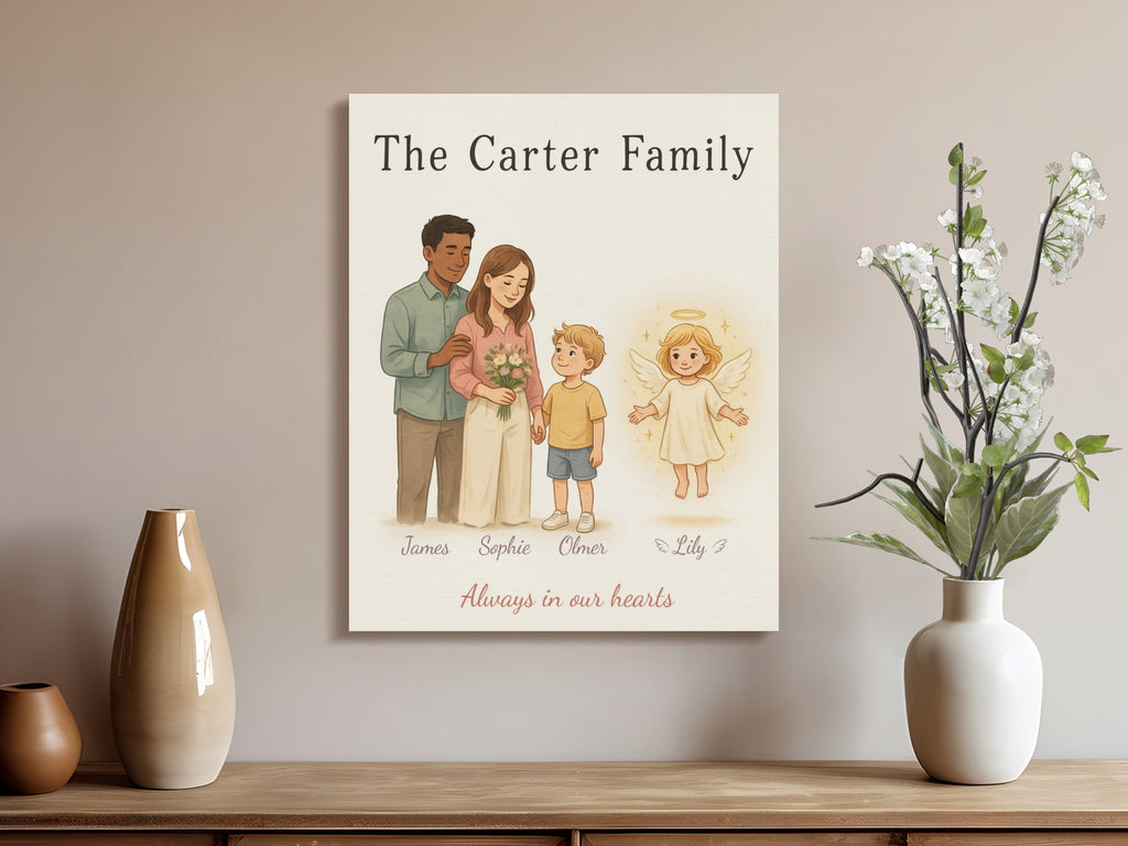 The Carter Family portrait with names, angel, and "Always in our hearts" quote.