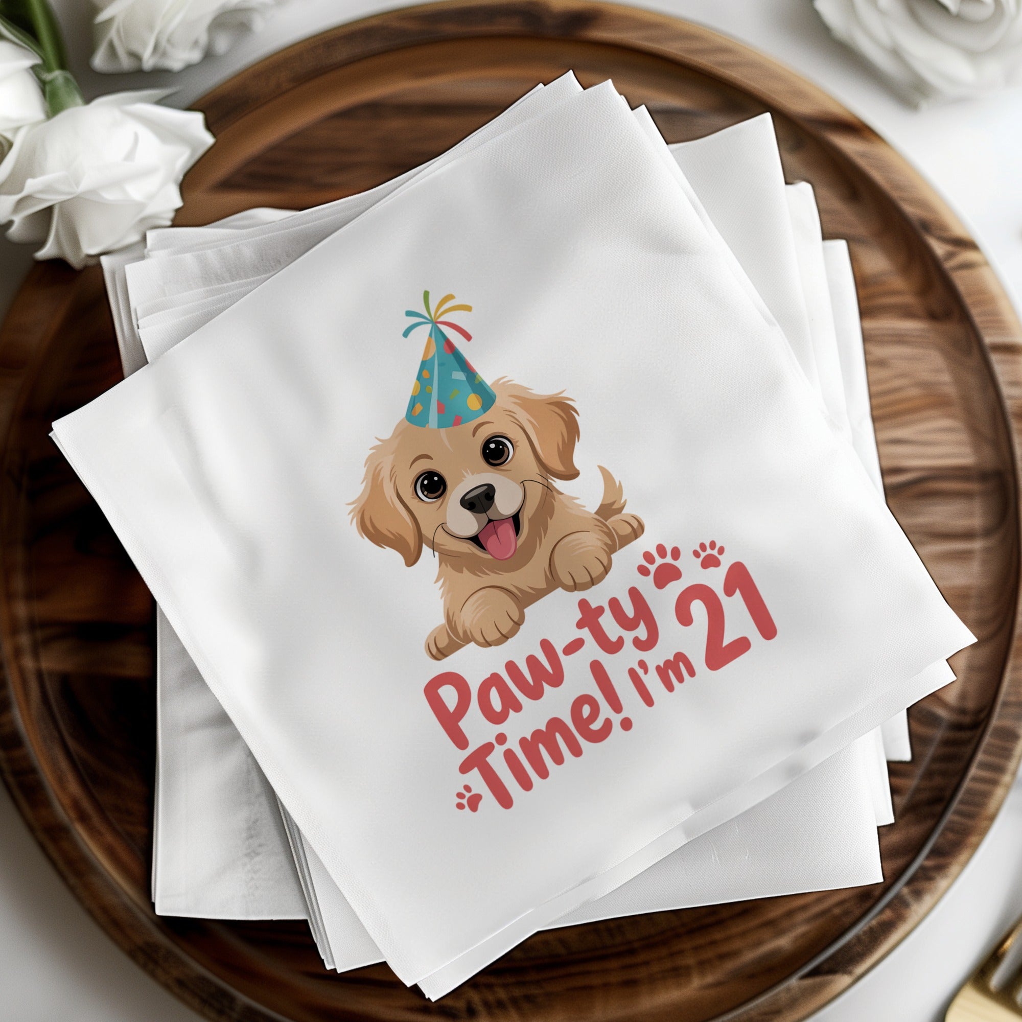 Golden retriever puppy wearing party hat on napkins saying "Paw-ty Time! I'm 21".