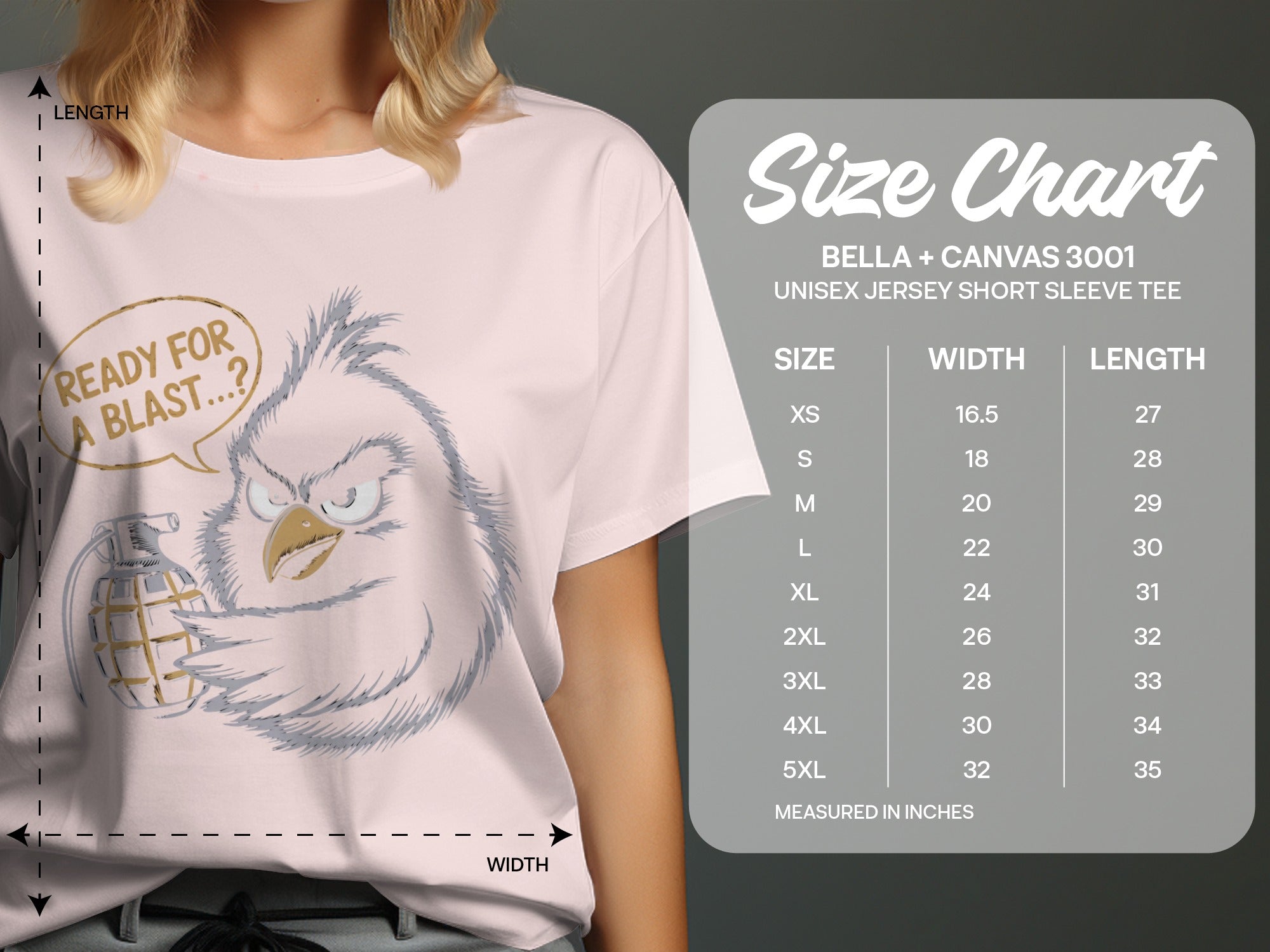 T-shirt with a cartoon bird holding a grenade and a size chart.