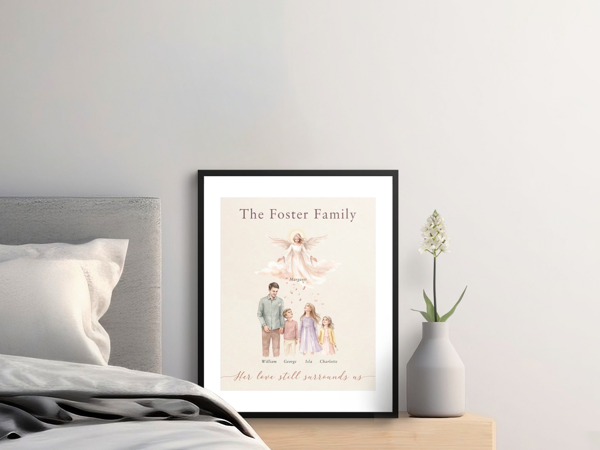 Framed family portrait illustration with an angel above "The Foster Family" title.