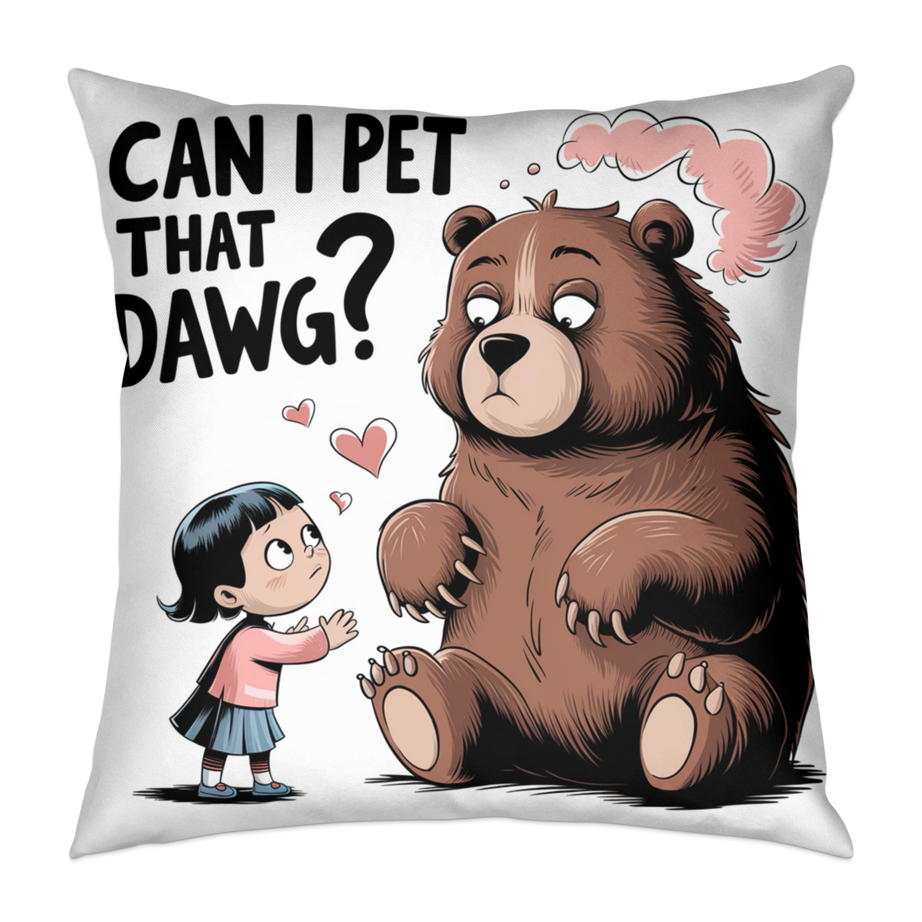 Bear looking surprised as a girl asks "Can I pet that dawg?".