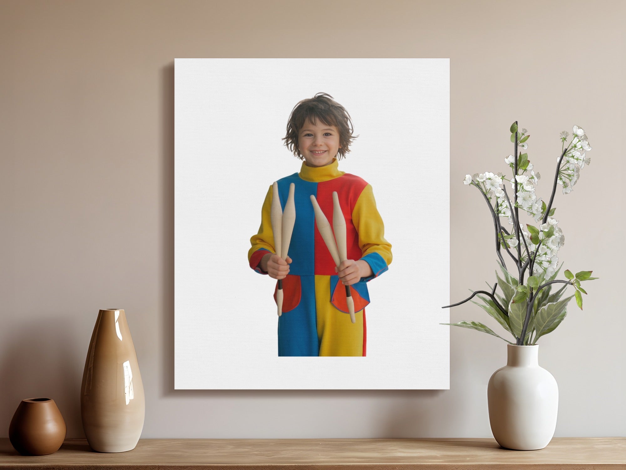 Young boy in colorful costume holding drumsticks, centered on canvas.