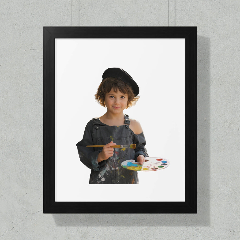 Young artist in overalls and beret holds paint palette and brush.