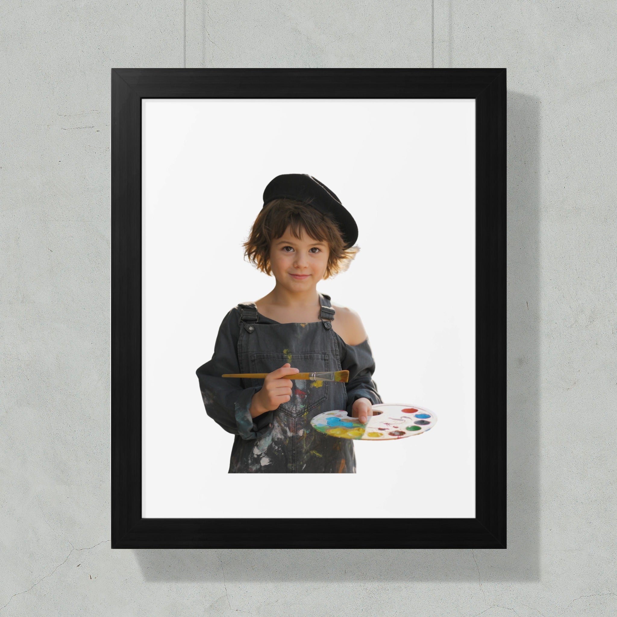 Young artist in overalls and beret holds paint palette and brush.