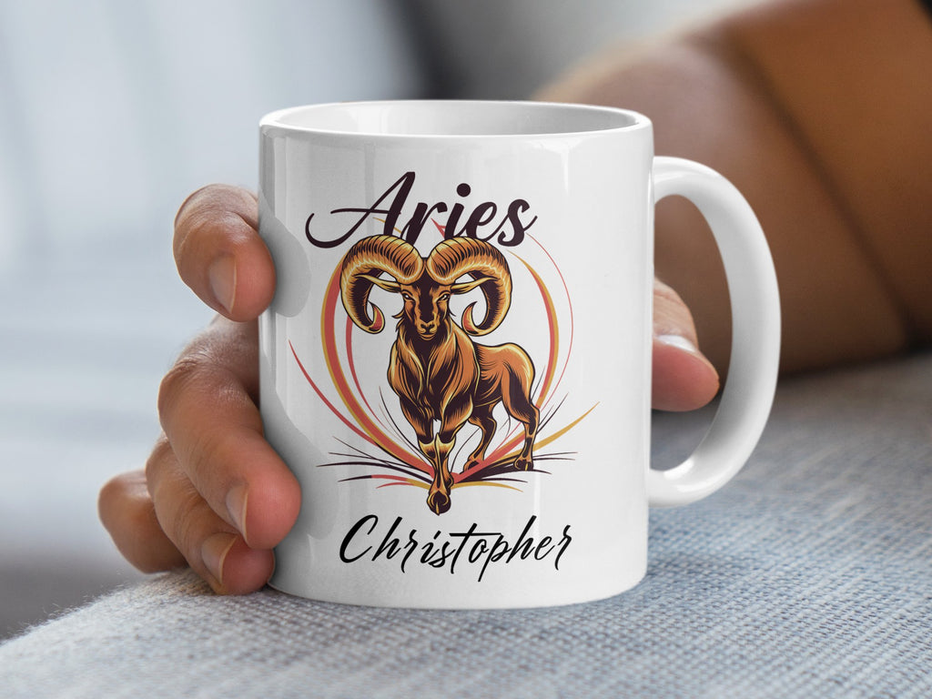 White mug with Aries ram graphic and "Christopher" text.