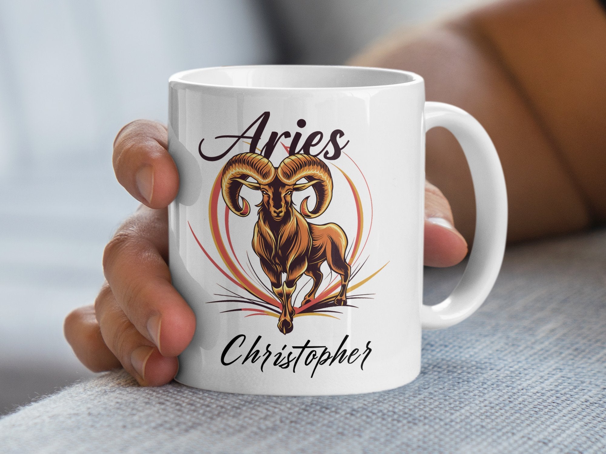 White mug with Aries ram graphic and "Christopher" text.
