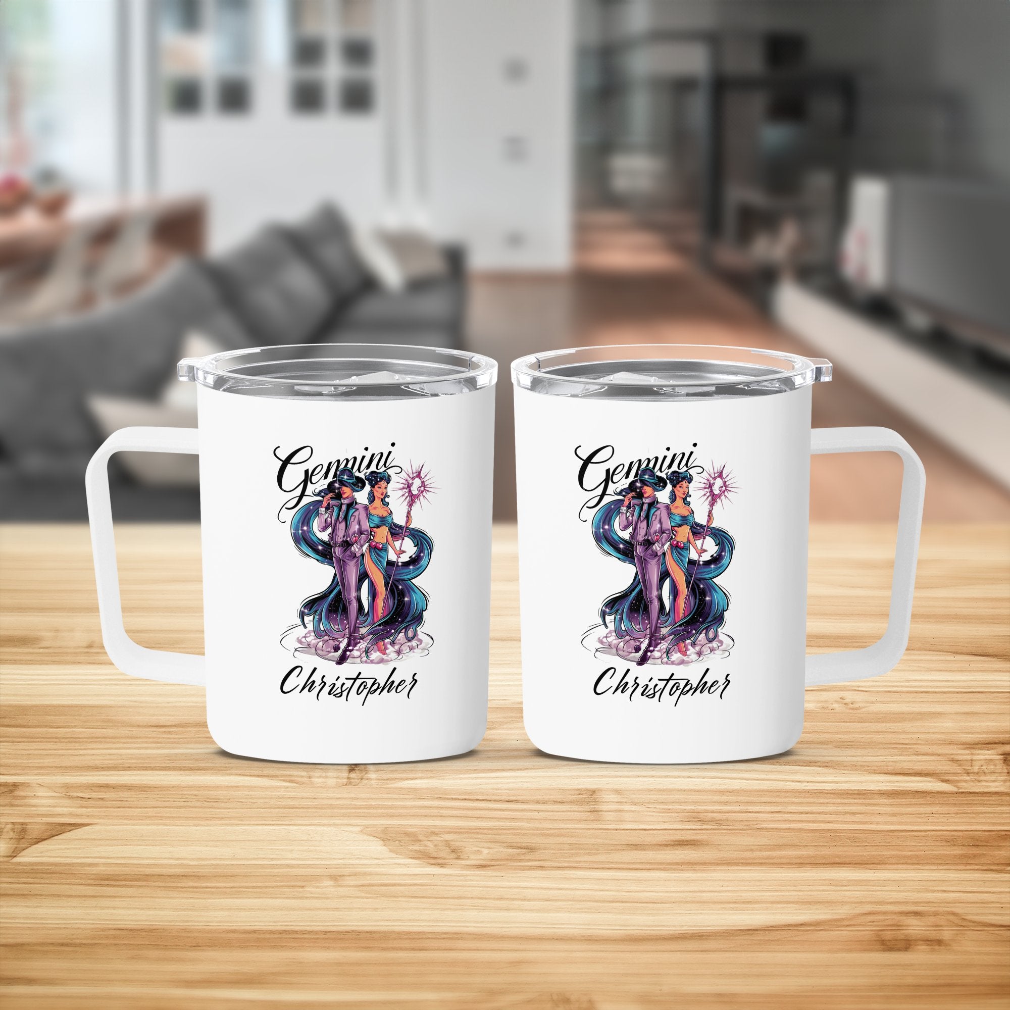 Two white Gemini mugs with personalized text and zodiac artwork.