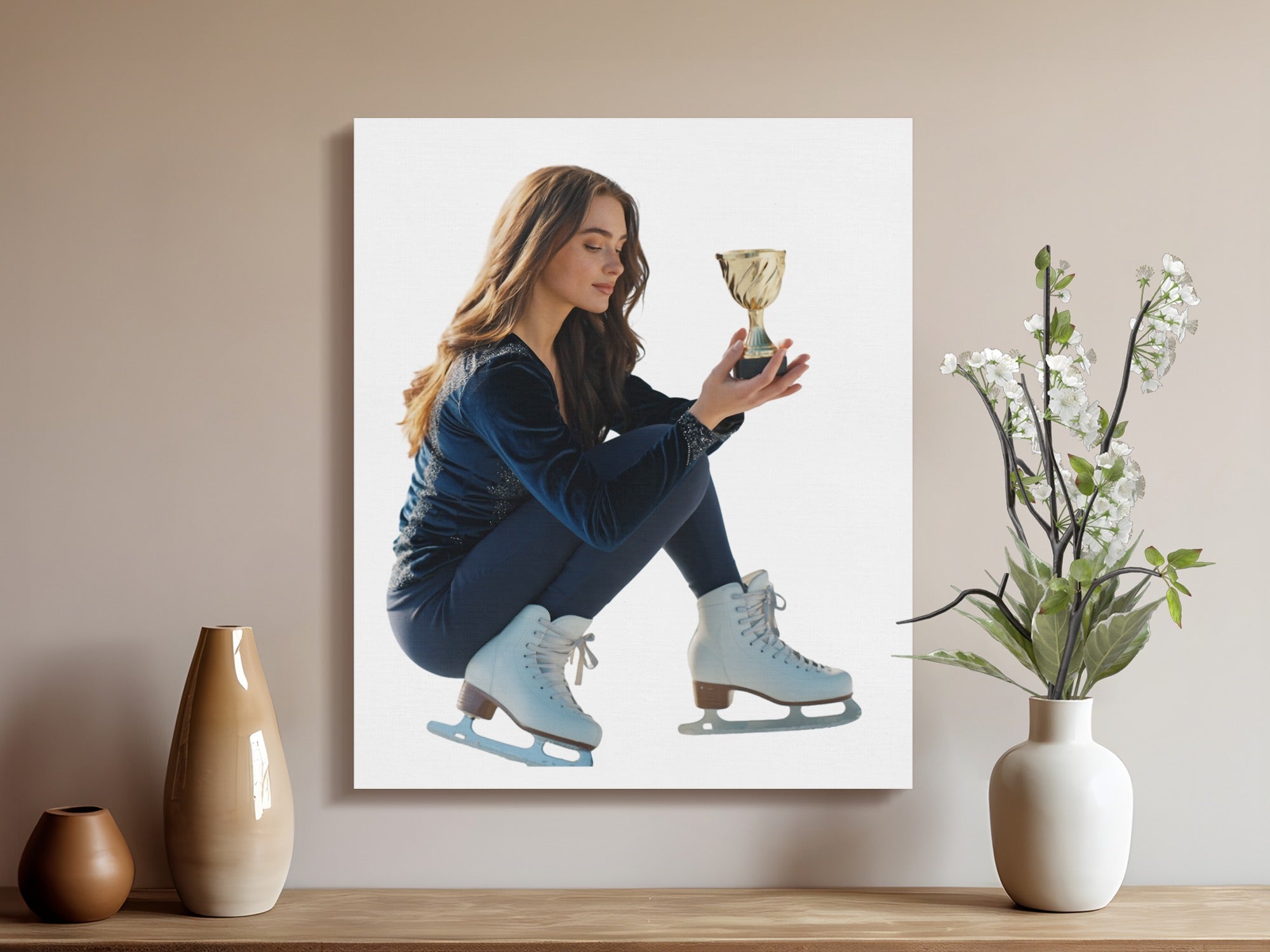Figure skater in white skates holds gold trophy, seated indoors with vases.