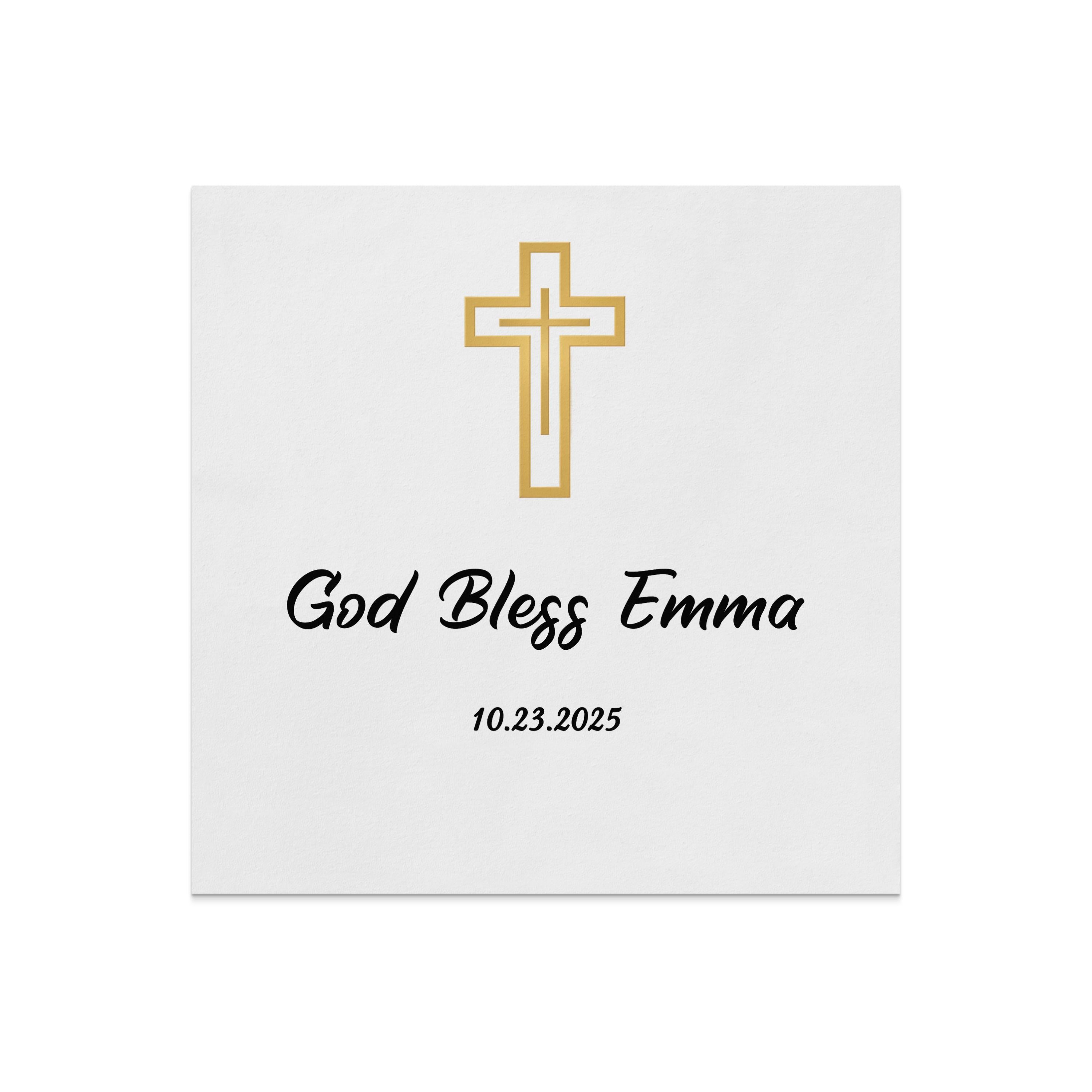 Gold cross and "God Bless Emma 10.23.2025" text on white card.