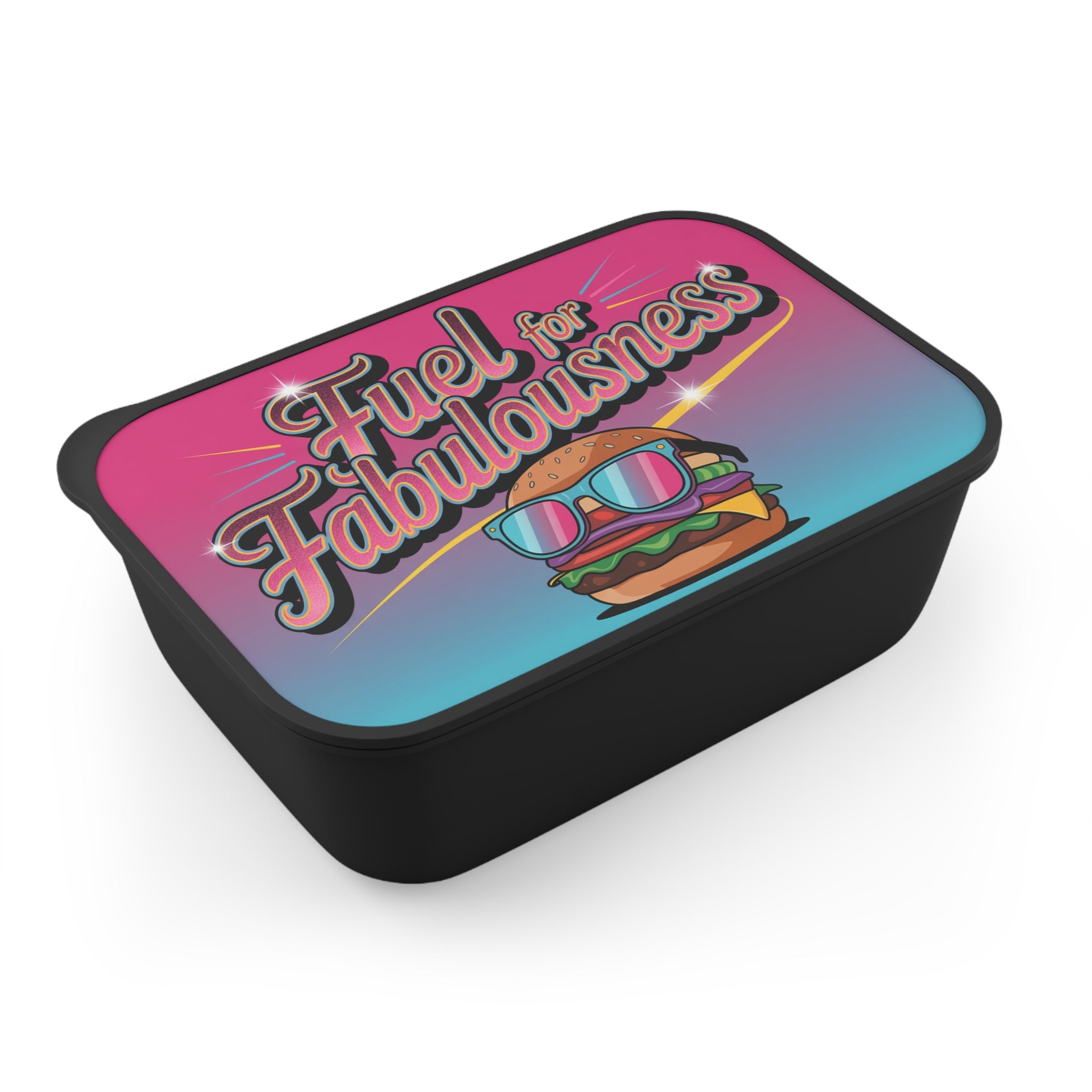 Black container with a burger wearing sunglasses and the text "Fuel for Fabulousness".