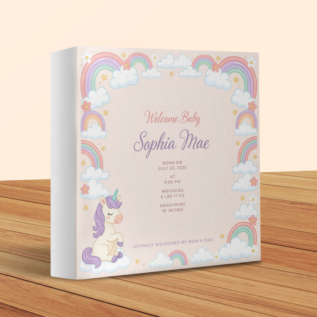 Baby Sophia Mae details with unicorn, rainbows, and clouds. Born July 22, 2025.
