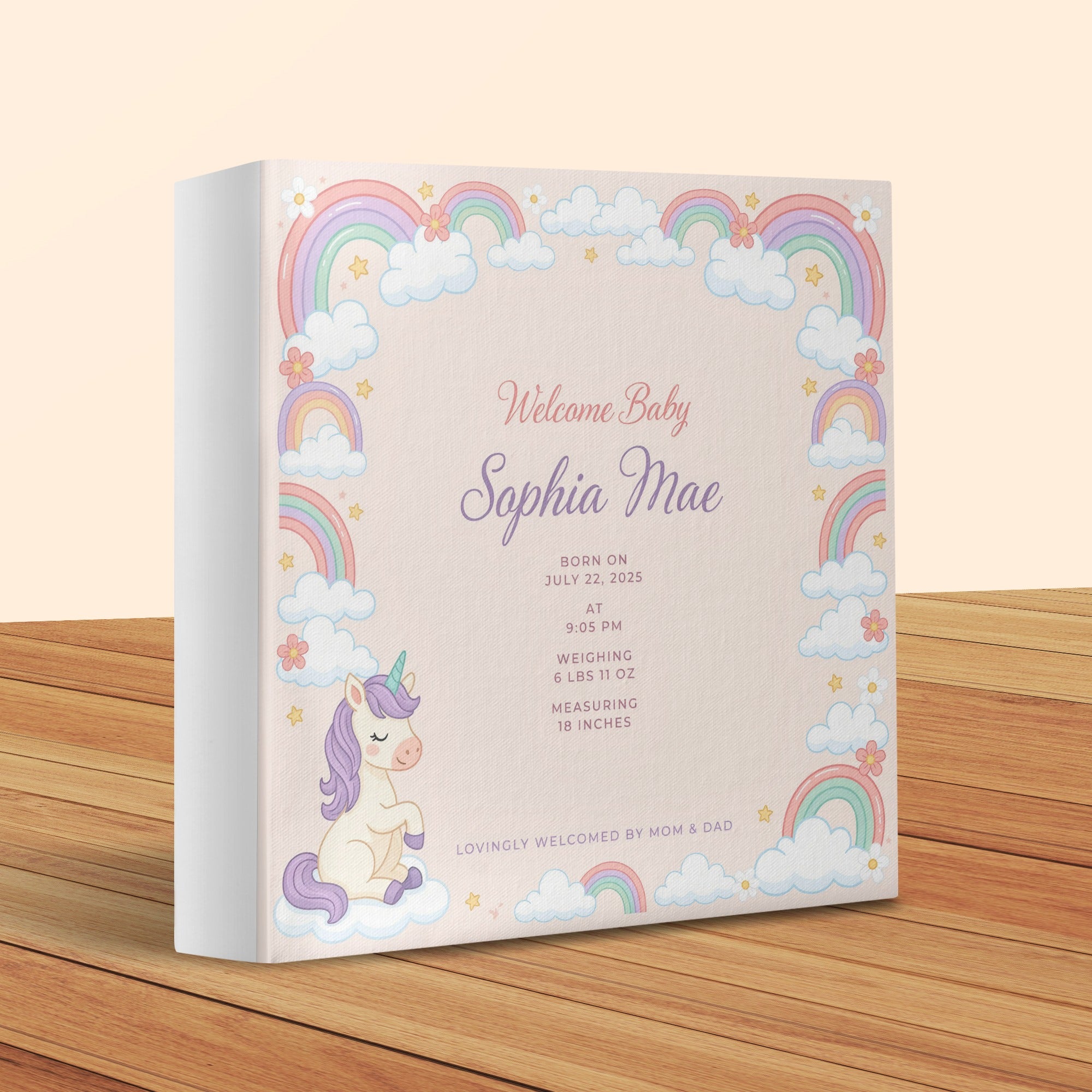 Baby Sophia Mae details with unicorn, rainbows, and clouds. Born July 22, 2025.