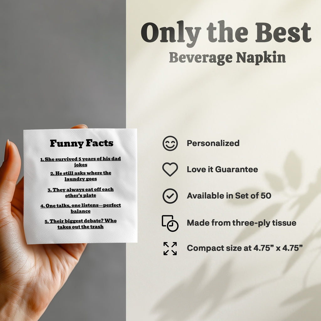 Beverage napkin with "Funny Facts" and 5 joke-like statements.