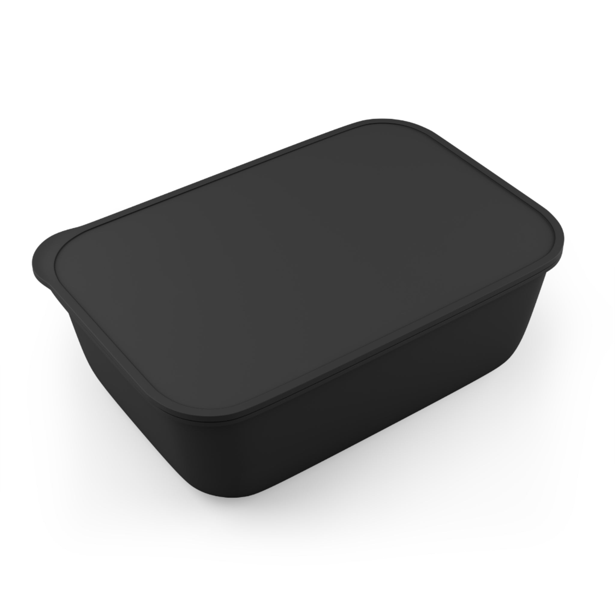 Black rectangular food container with lid, isolated on white background.