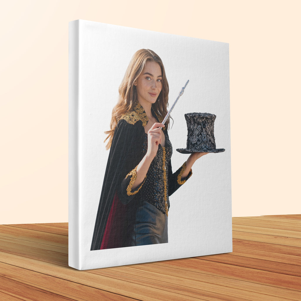 Young woman in magician costume holding wand and top hat.