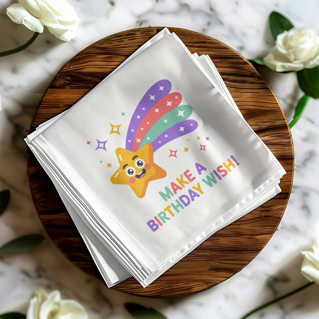 White napkin with cartoon shooting star and "Make a Birthday Wish!" text.