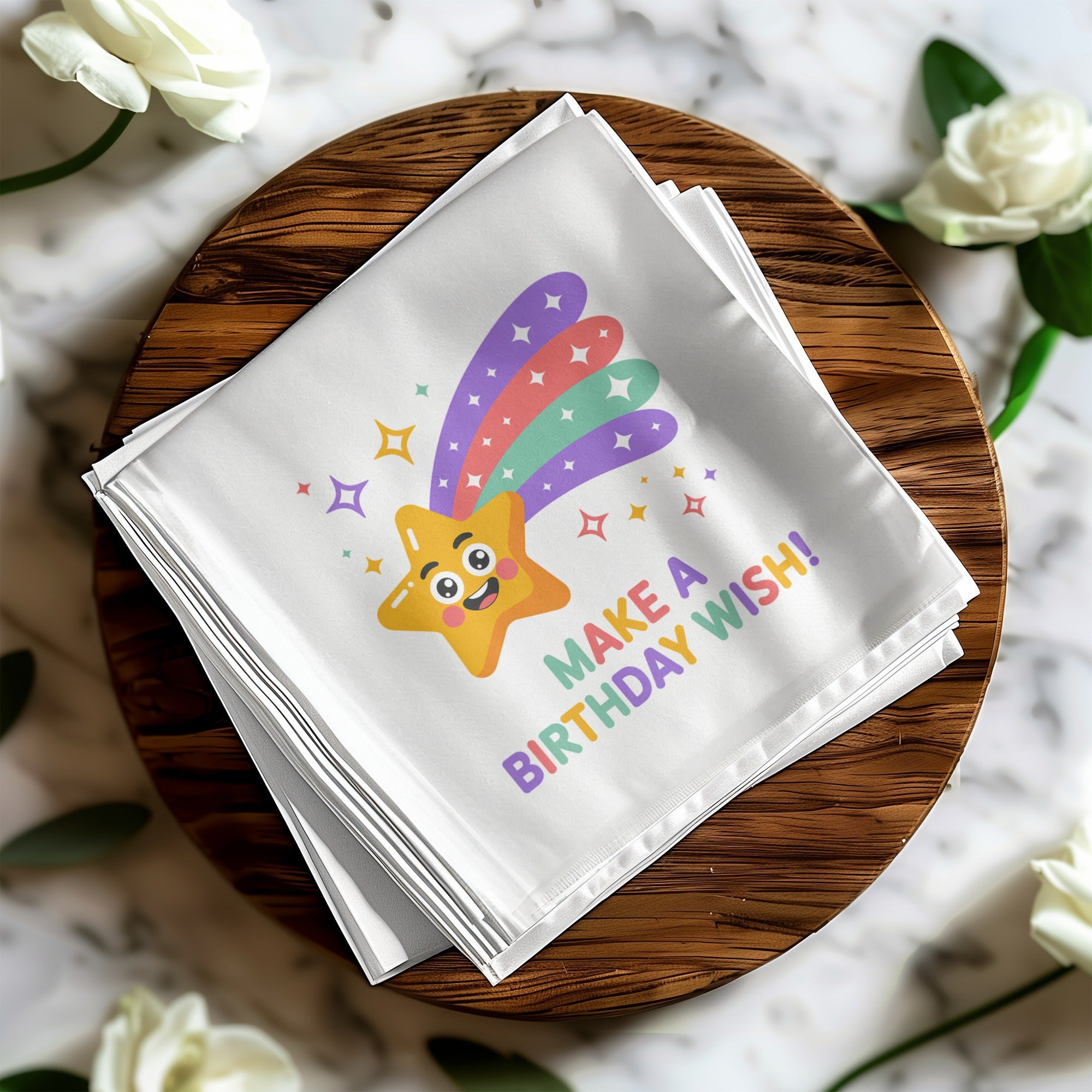 White napkin with cartoon shooting star and "Make a Birthday Wish!" text.