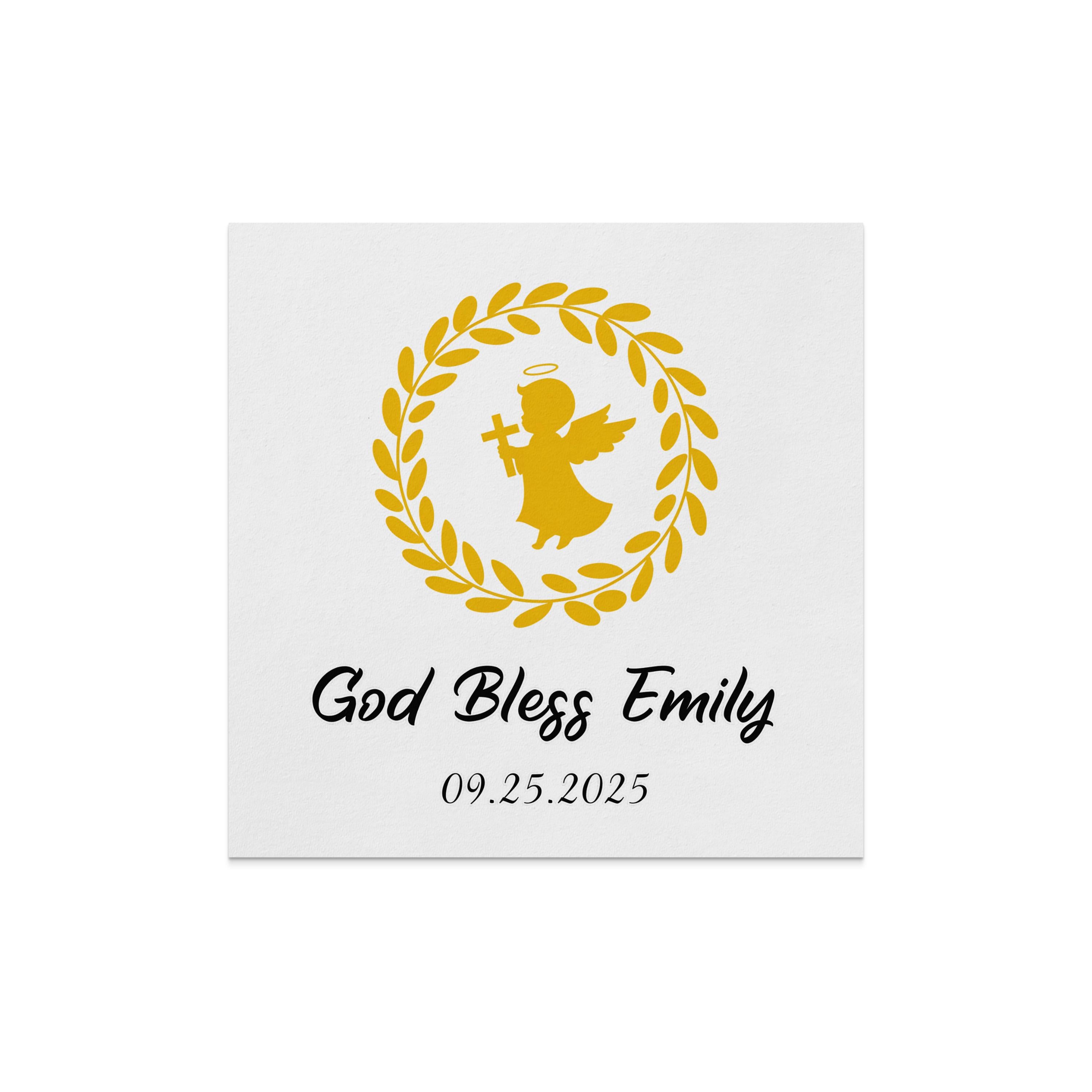 Gold angel with halo and cross, "God Bless Emily," and date on white card.
