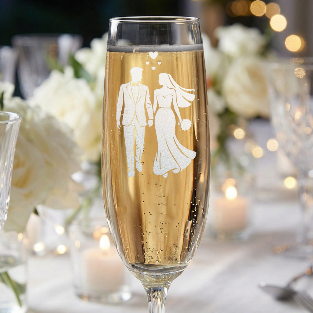 Champagne flute with etched bride and groom silhouette.