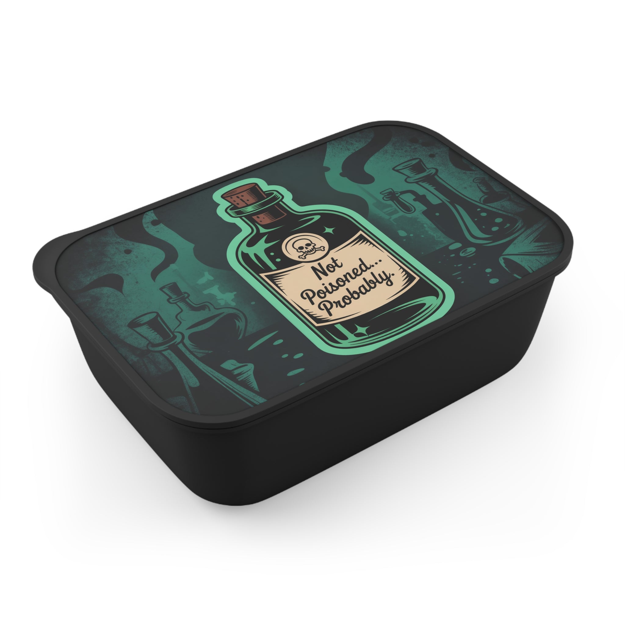 Black lunchbox with a "Not Poisoned...Probably" skull and bottle graphic.