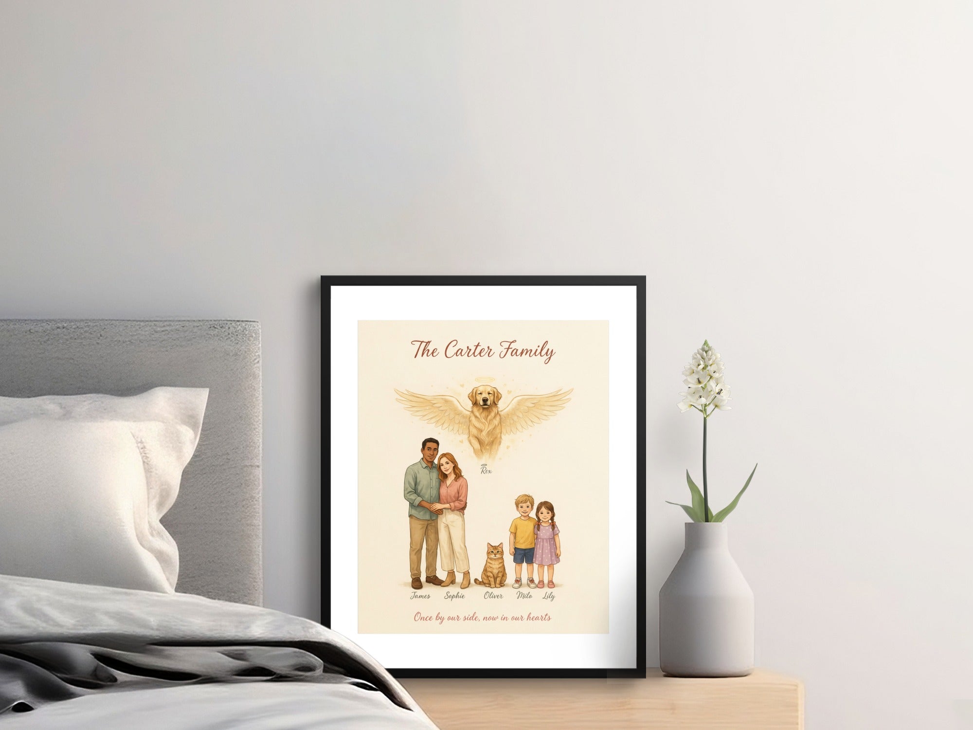 Custom portrait of "The Carter Family" with names and memorial dog.
