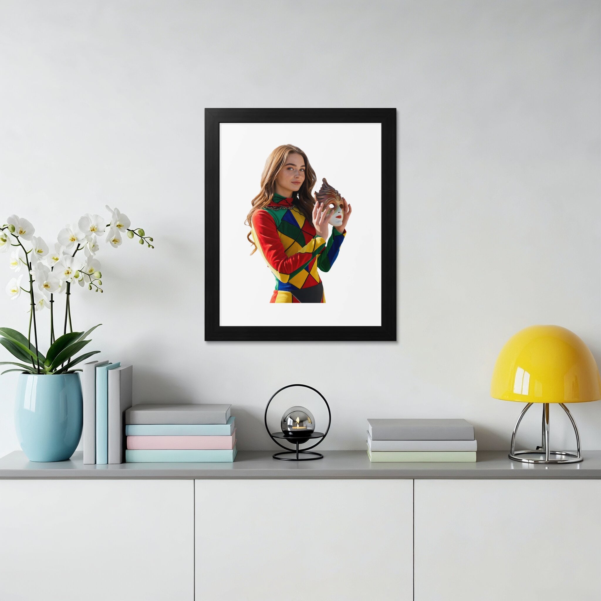 Woman in colorful diamond pattern shirt holding a mask.