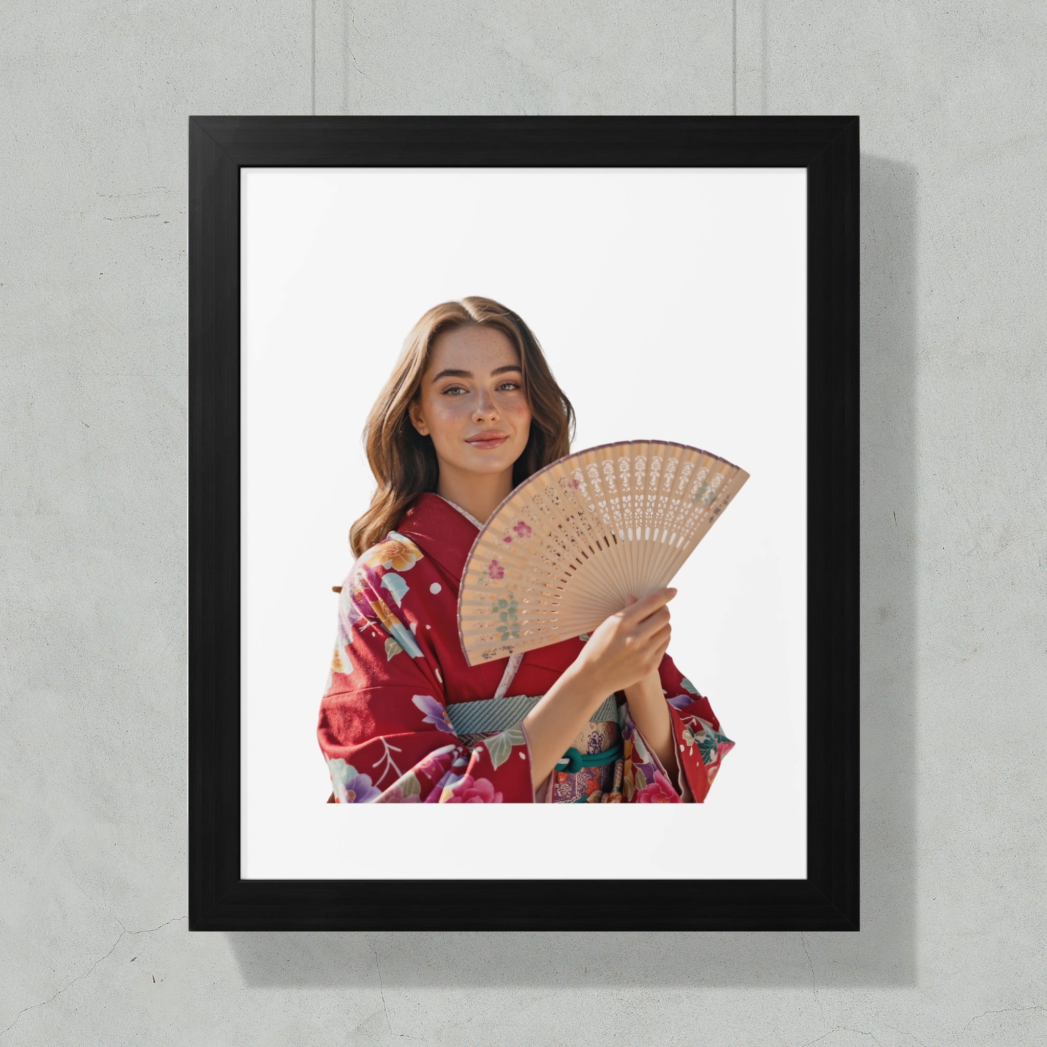 Woman in red kimono holding a fan, framed against white background.