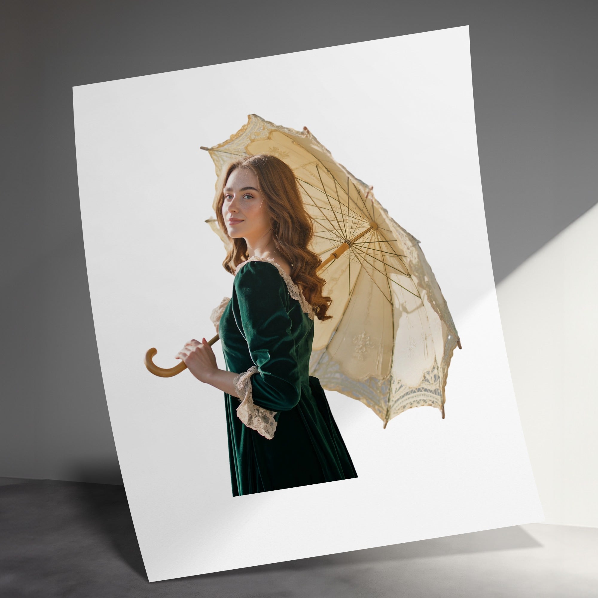 Woman in green velvet dress holds antique lace parasol, looking over shoulder.