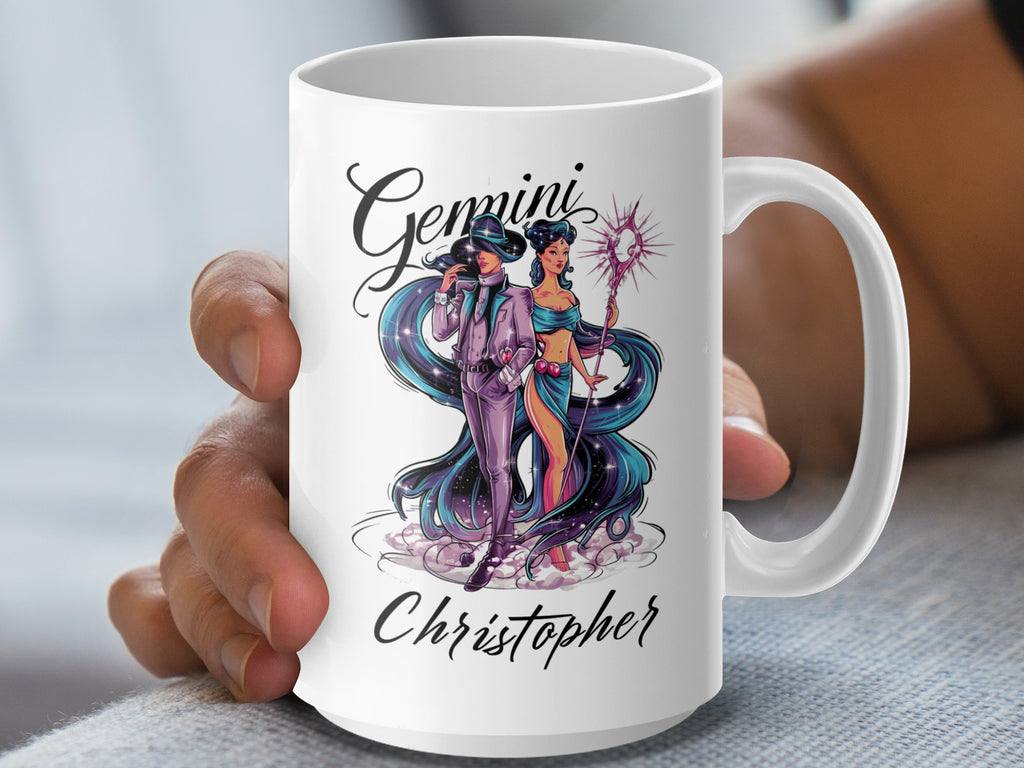 White mug with Gemini zodiac couple illustration and "Christopher" text.