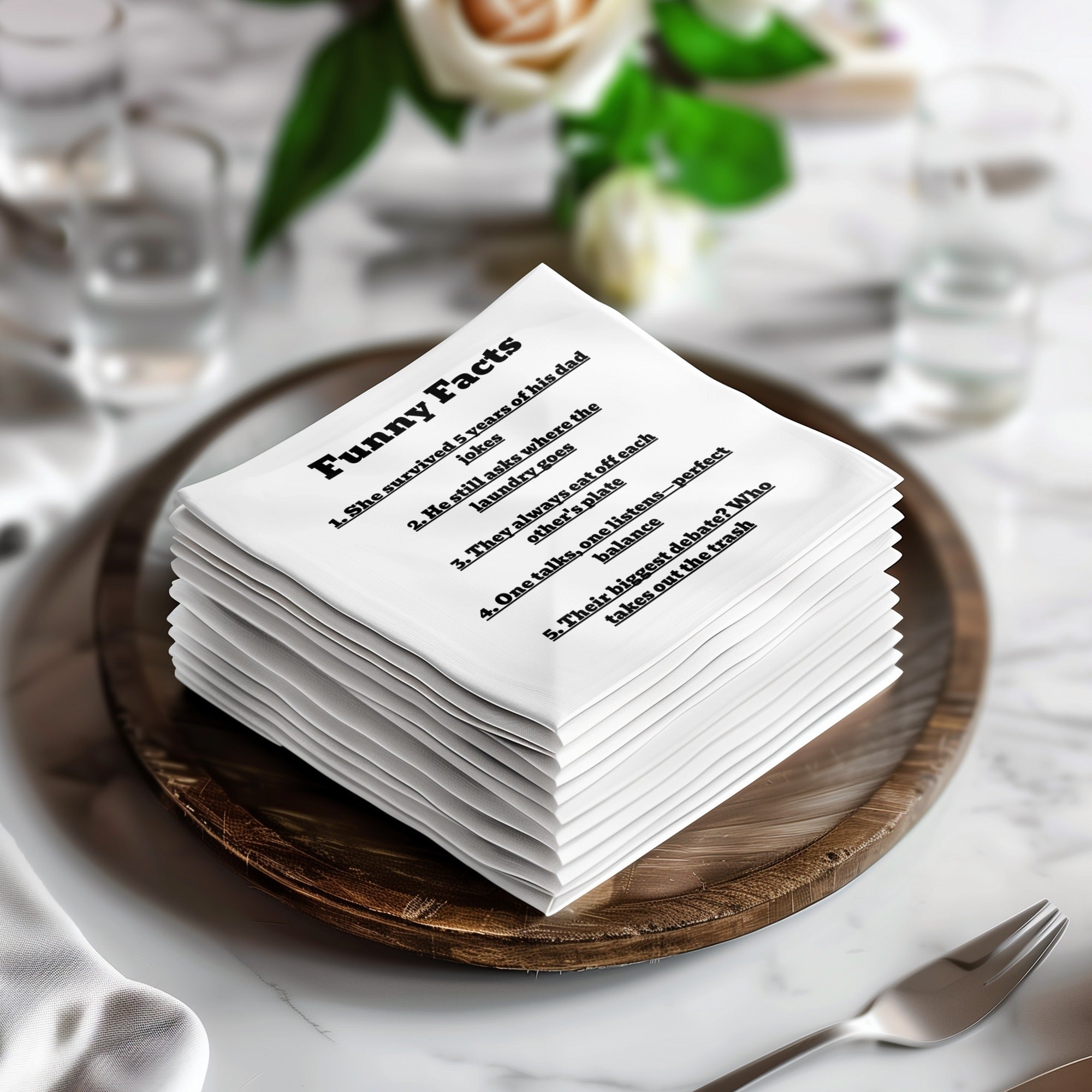 Stack of napkins with "Funny Facts" and five numbered jokes.