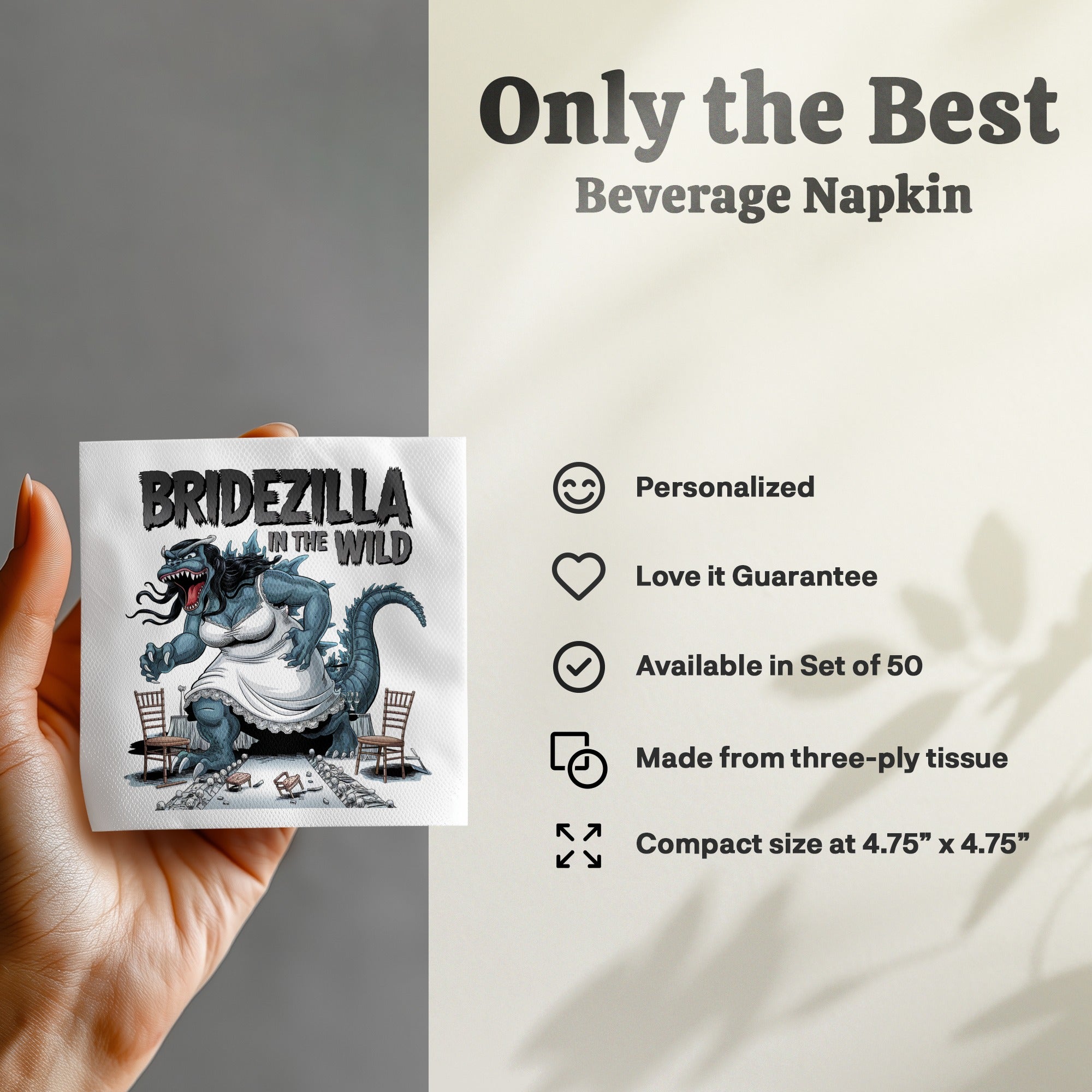 Napkin with "Bridezilla in the Wild" graphic and product details.