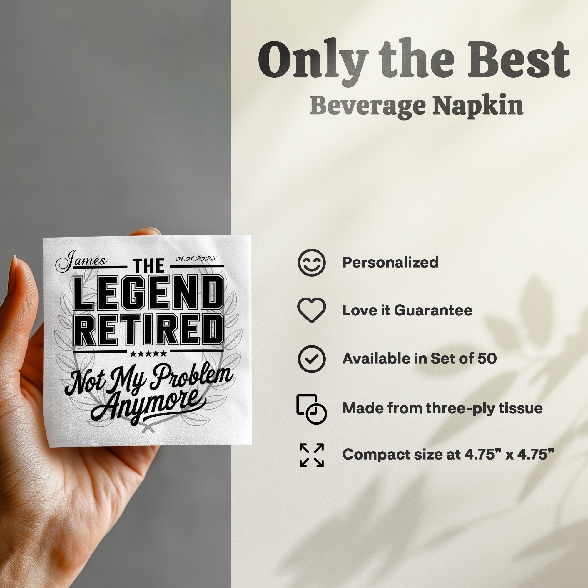 White beverage napkin with "Retired Legend" text and personalized name and date.