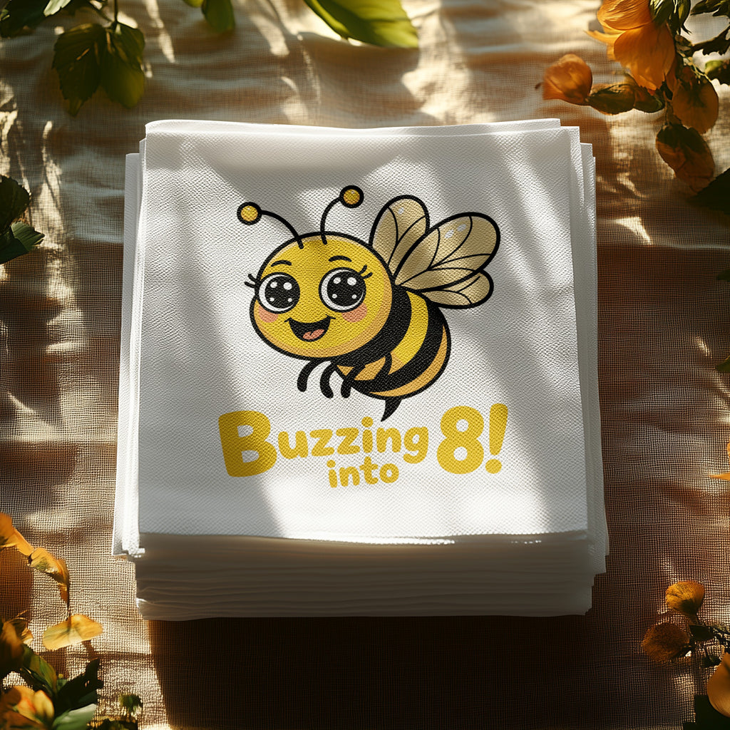 Bee with "Buzzing 8 into" text on a stack of white napkins.
