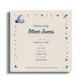 Birth announcement for baby Oliver James, born March 3, 2025, with celestial nursery-themed graphics.