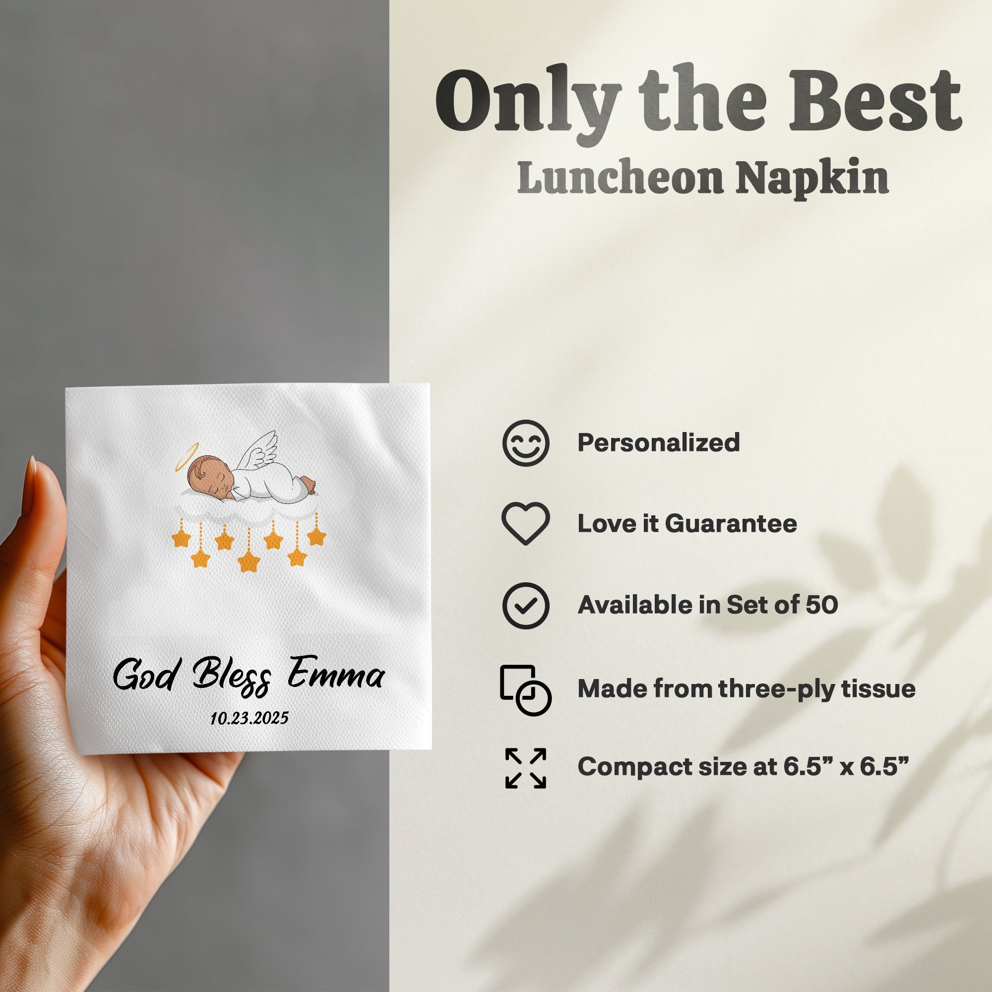 Napkin with "God Bless Emma 10.23.2025" and winged cherub graphic.
