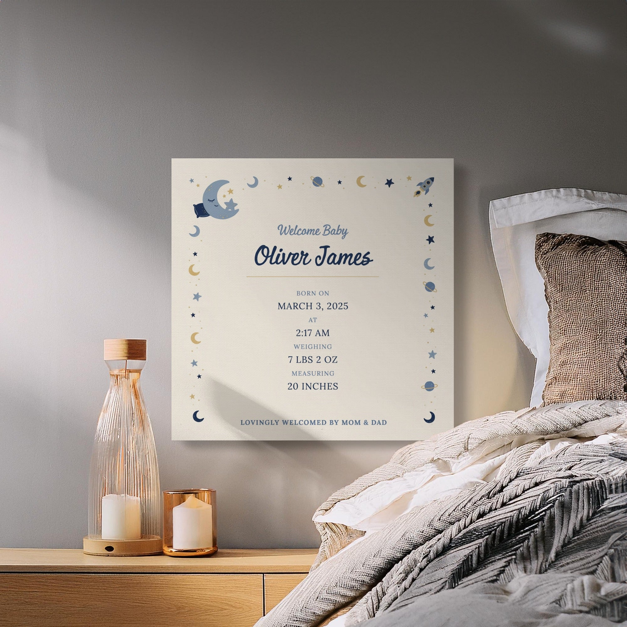 Welcome Baby Oliver James birth details on a celestial-themed canvas art.