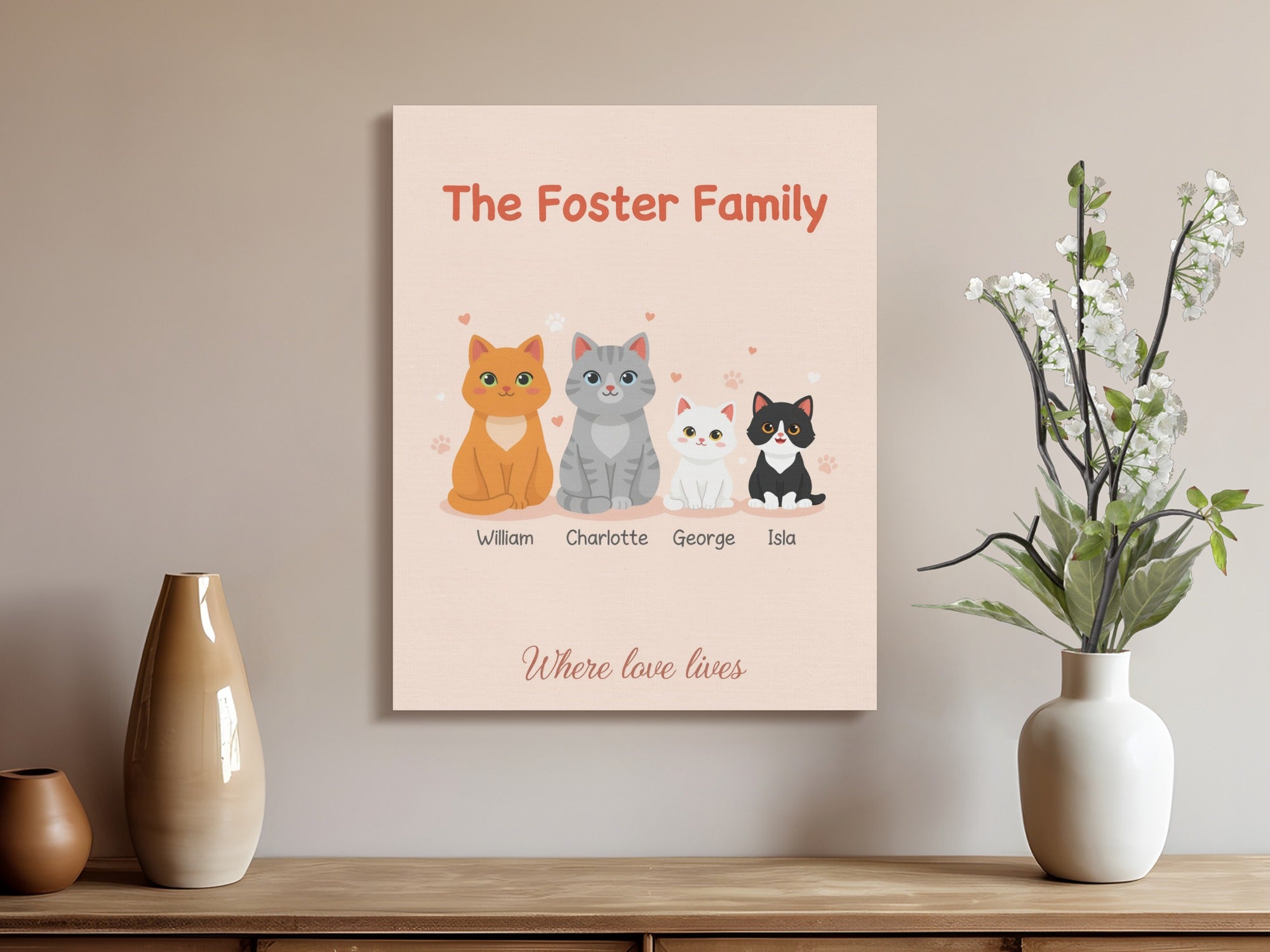 The Foster Family personalized cat portrait with names, "Where love lives."
