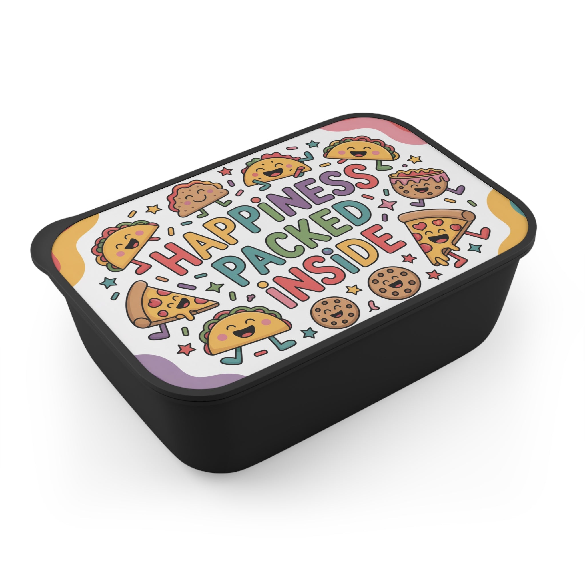 Black lunchbox with cartoon food illustrations and "Happiness Packed Inside" text.