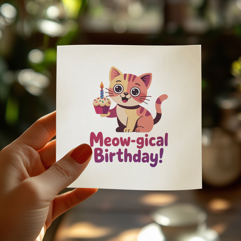 Pink cat with cupcake wishes "Meow-gical Birthday!" on a card.