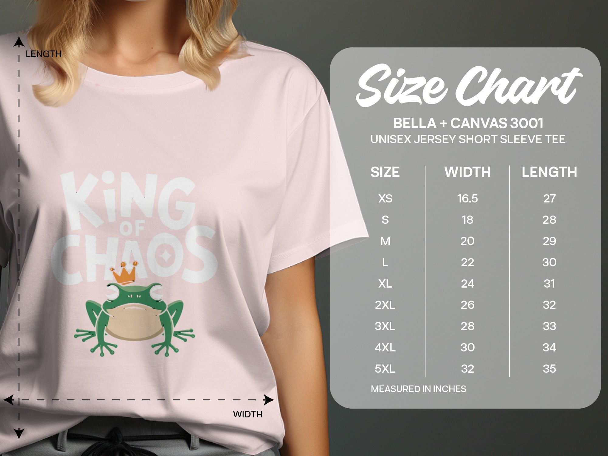 T-shirt size chart for Bella + Canvas 3001 unisex tee.