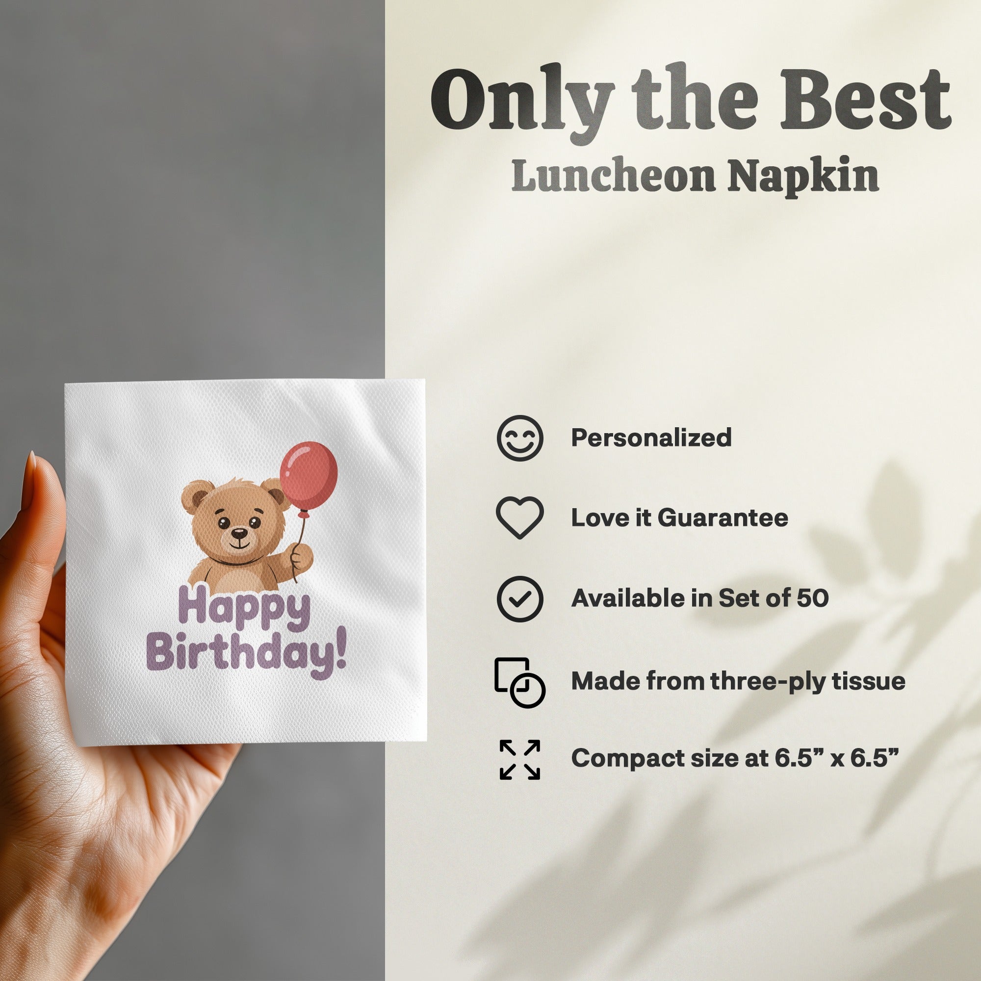 Teddy bear with balloon on personalized "Happy Birthday!" luncheon napkin.